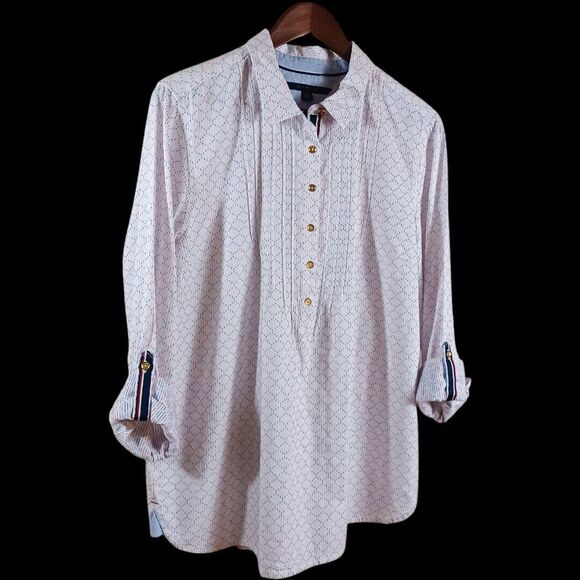 Tommy Hilfiger Pintuck 1/4 Button Roll Tab White Red Blue Tunic Top Size XL EUC - Picture 2 of 10
